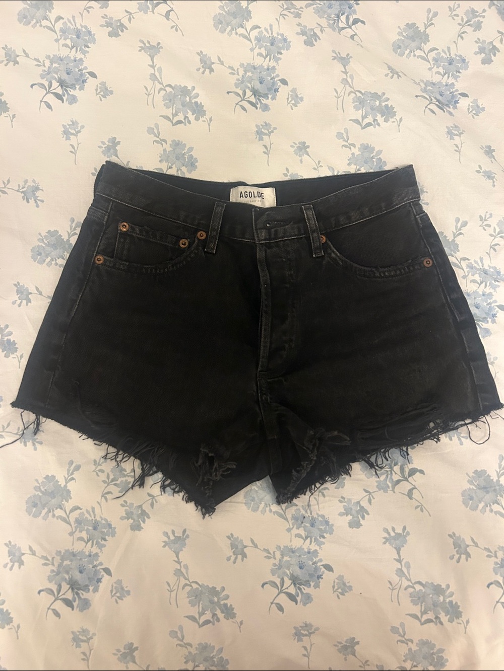 Agolde Black Frayed Hem High-Rise Denim Shorts